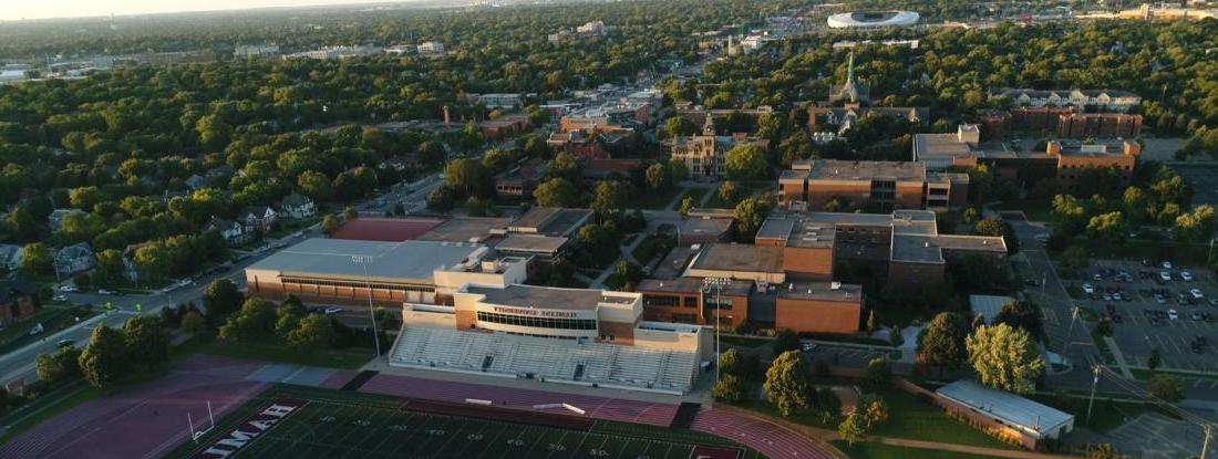 an aerial view of Hamline University and the surrounding neighborhood in St. Paul